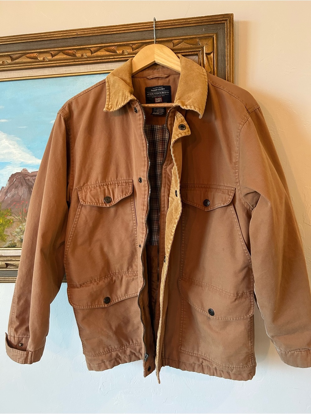 Faded Glory Brown Cotton Field Jacket with Tan Corduroy Collar